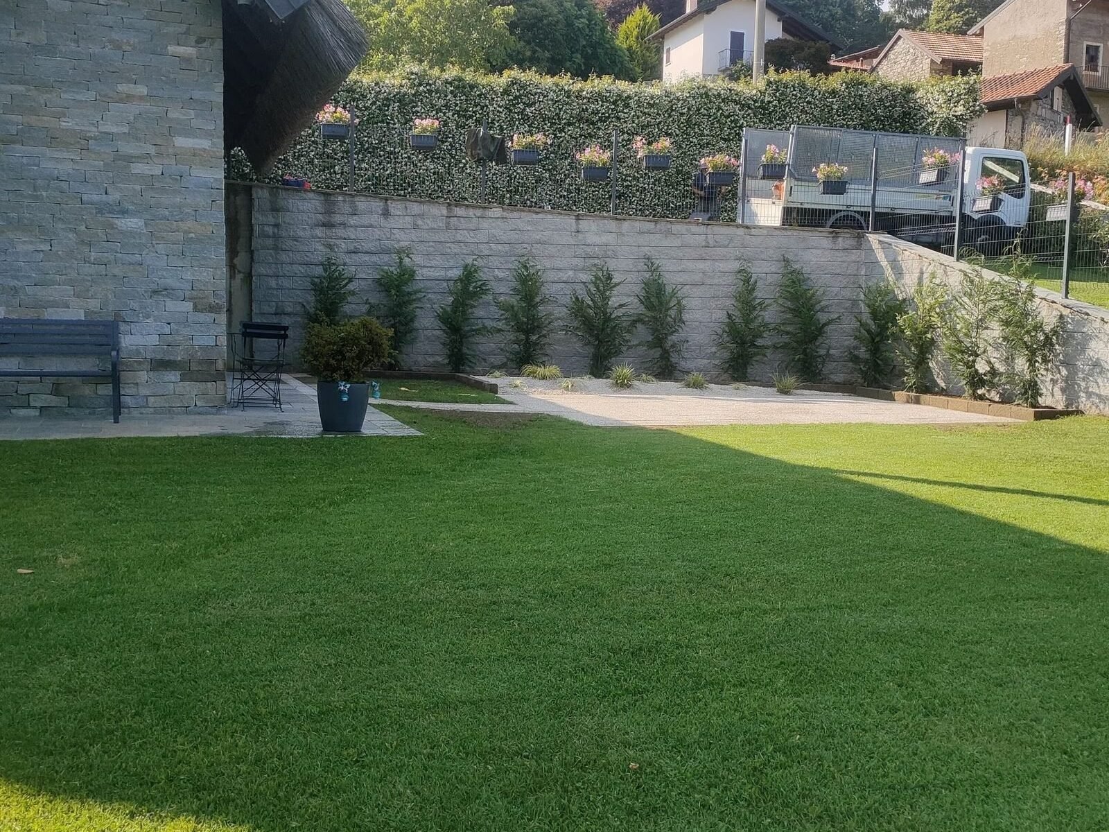 Prato appena posato con siepe su muro in pietra