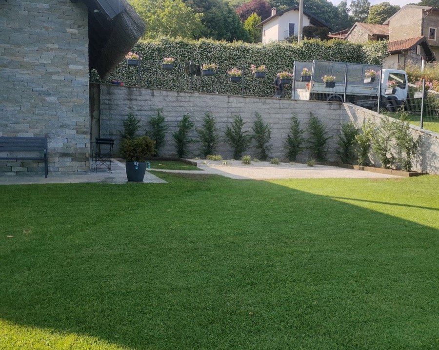 Prato verde perfettamente rasato accanto a una casa in pietra, con siepe schermante: un lavoro realizzato da Bertola Giardini